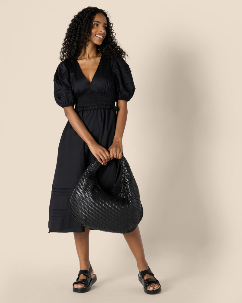 Charlotte Robe Femme – Robe Midi en Coton Satiné avec Manches Bouffantes et Coupe Évasée