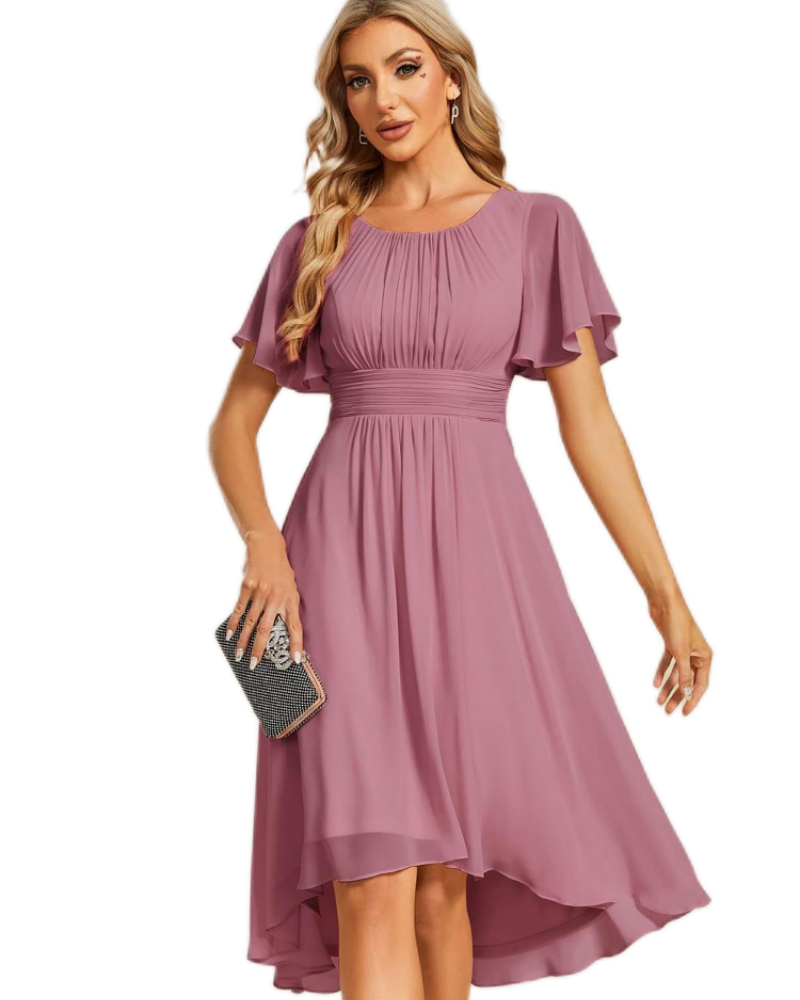 Claire Abito Elegante Donna – Midi šaty z šifónu ve tvaru A s krátkými rukávy a kulatým výstřihem