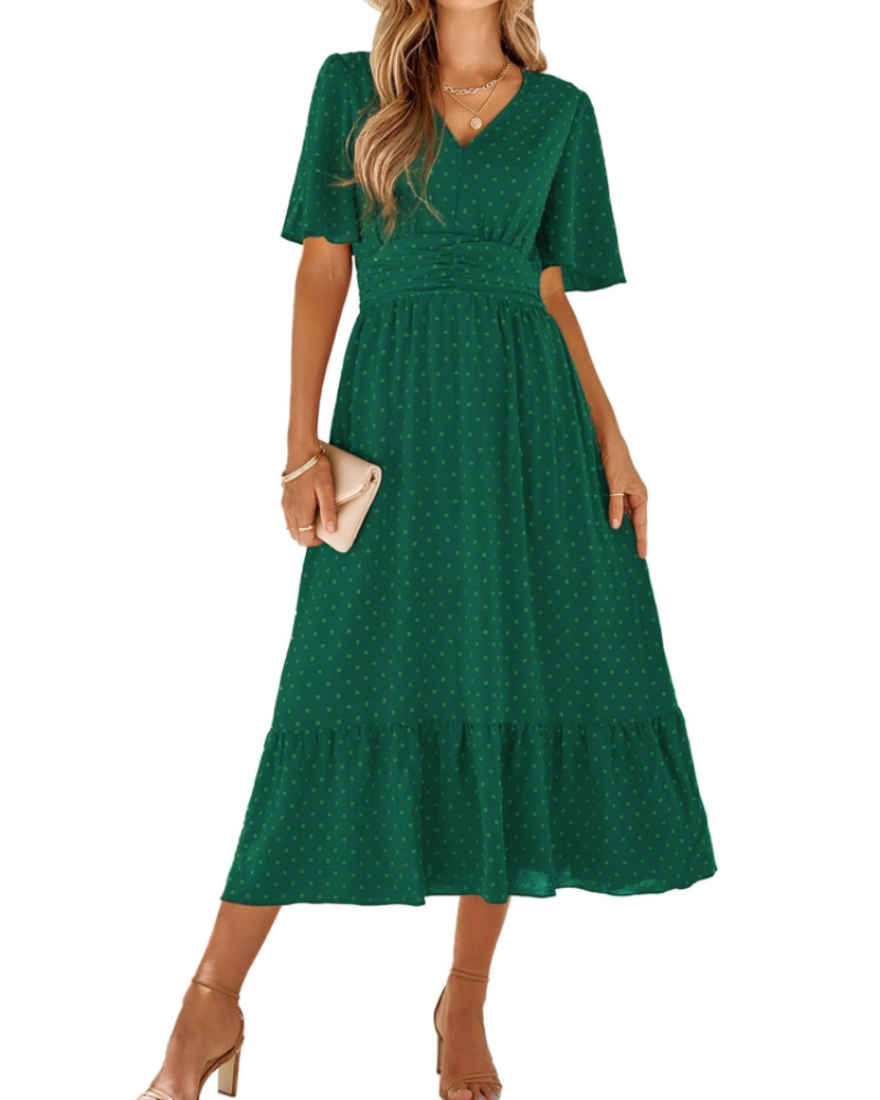 Aubrey Damen Maxikleid – V-Ausschnitt, Volantärmel & Swiss-Dot-Muster