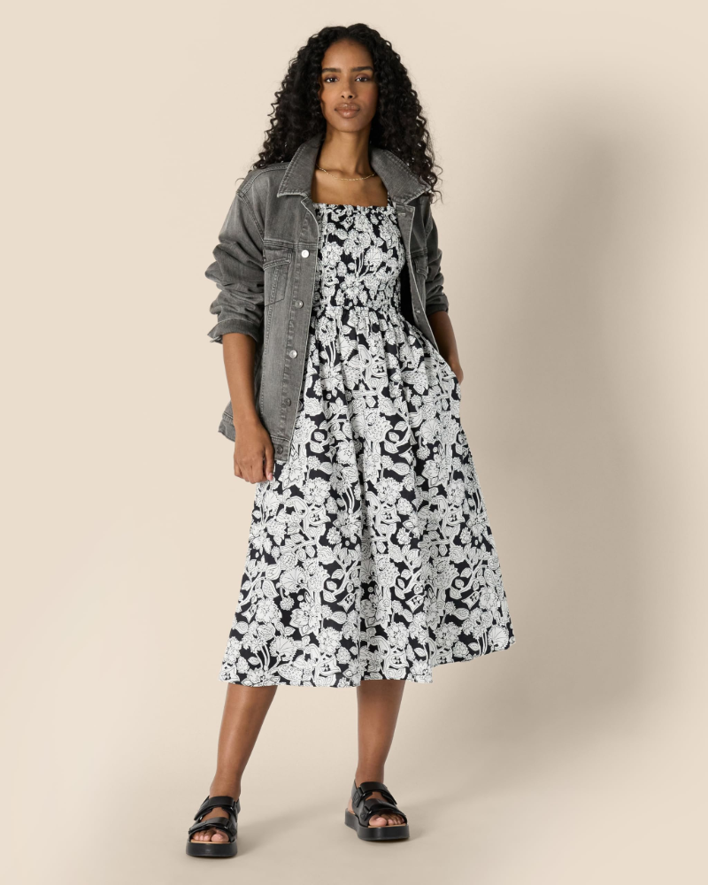 Grace Abito Donna – Vestito Midi in Cotone Sateen con Corpino Smock & Spalline Regolabili