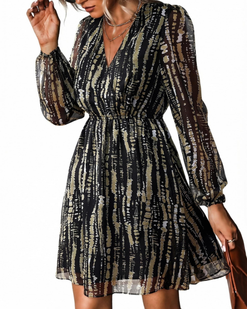 Serena Φόρεμα Γυναικείο Mini – Chiffon, V Λαιμόκοψη, Διαφανή Μανίκια & Ελαστική Μέση