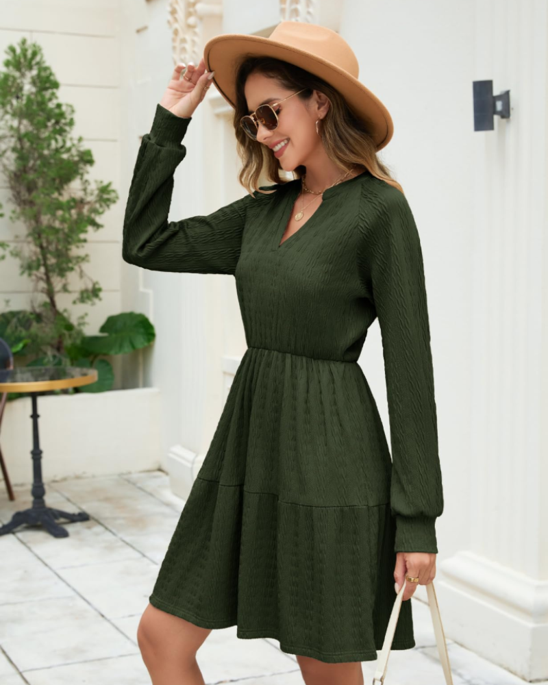 Hazel Women's Dress – Midi A-Line Dress with V-Neck, Pockets & Elastic Waist