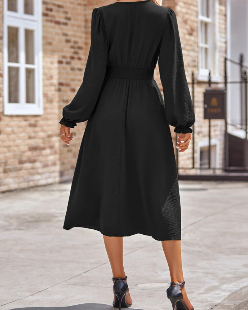 Lily Women's Dress – Midi Dress with V-Neck, Elastic Waist & Long Sleeves