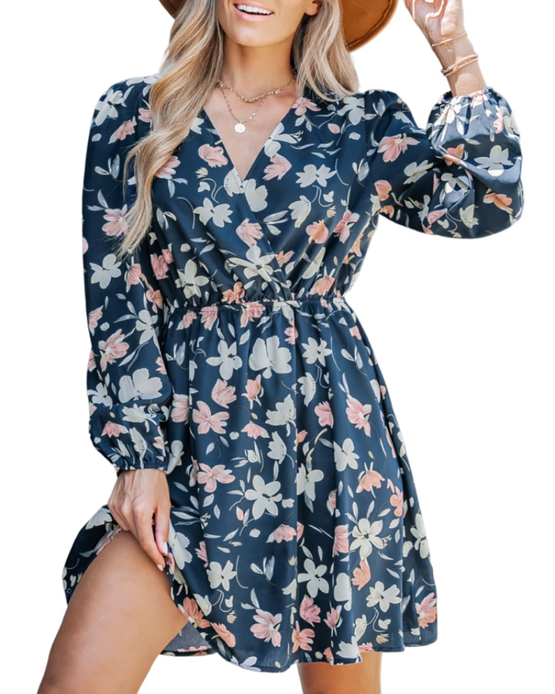 Megan Abito Donna – Mini Dress Floreale con Scollo Incrociato, Vita Elasticizzata & Maniche Lunghe
