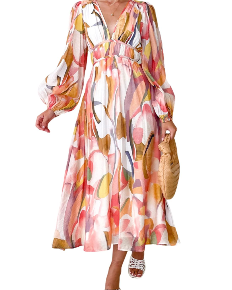 Hannah Abito Mujer – Vestido Maxi Floral con Mangas Largas, Cintura Elástica y Forro