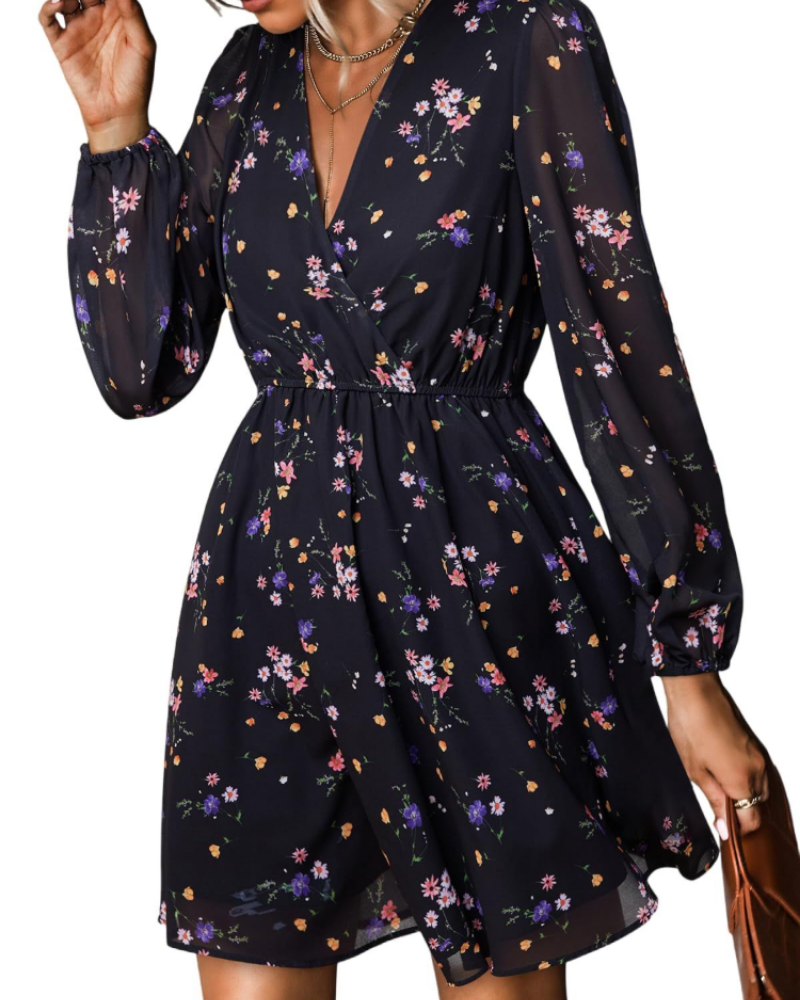 Serena Φόρεμα Γυναικείο Mini – Chiffon, V Λαιμόκοψη, Διαφανή Μανίκια & Ελαστική Μέση