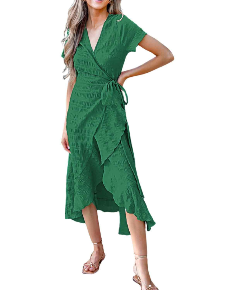 Vestido largo floral verde para mujer Isabella con cruzado, mangas acampanadas y cinturón