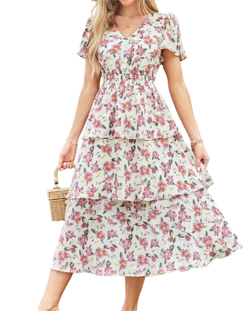 Scarlett Abito Donna – Vestito Floreale A-Line con Scollo a V, Vita Elasticizzata & Maniche Corte