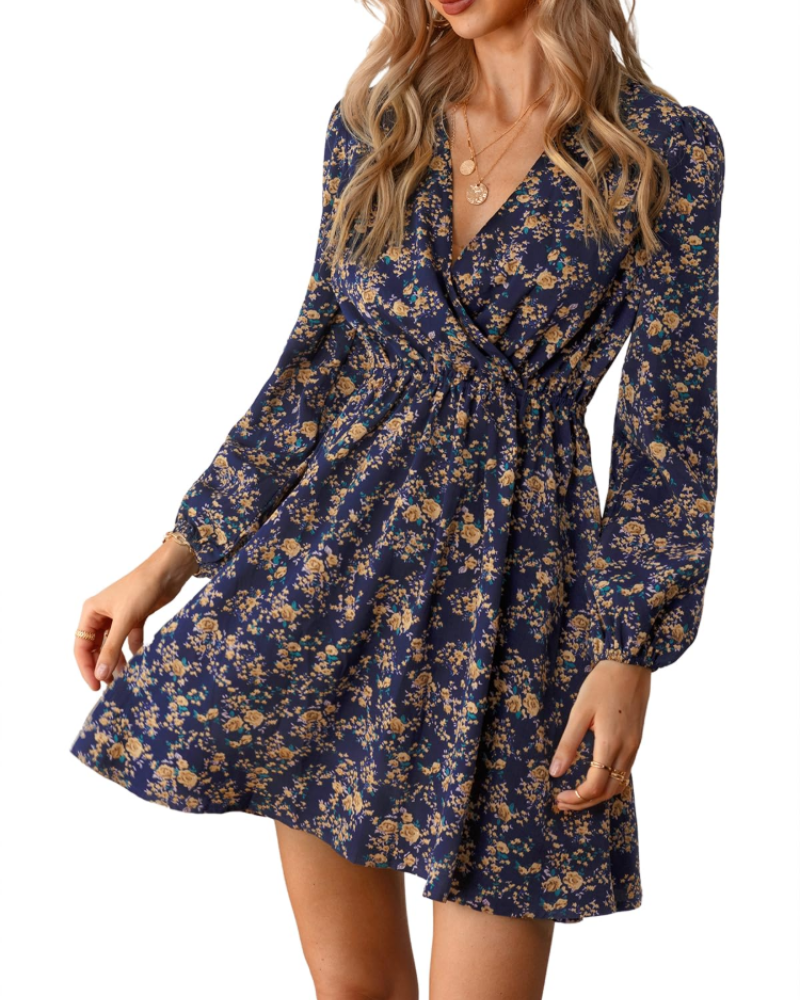 Megan Abito Donna – Mini Dress Floreale con Scollo Incrociato, Vita Elasticizzata & Maniche Lunghe