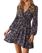 Megan Abito Donna – Mini Dress Floreale con Scollo Incrociato, Vita Elasticizzata & Maniche Lunghe