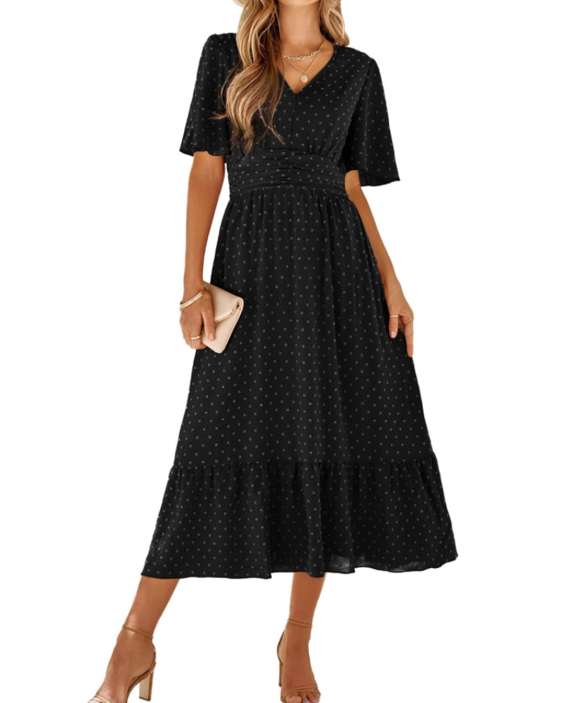Aubrey Damen Maxikleid – V-Ausschnitt, Volantärmel & Swiss-Dot-Muster