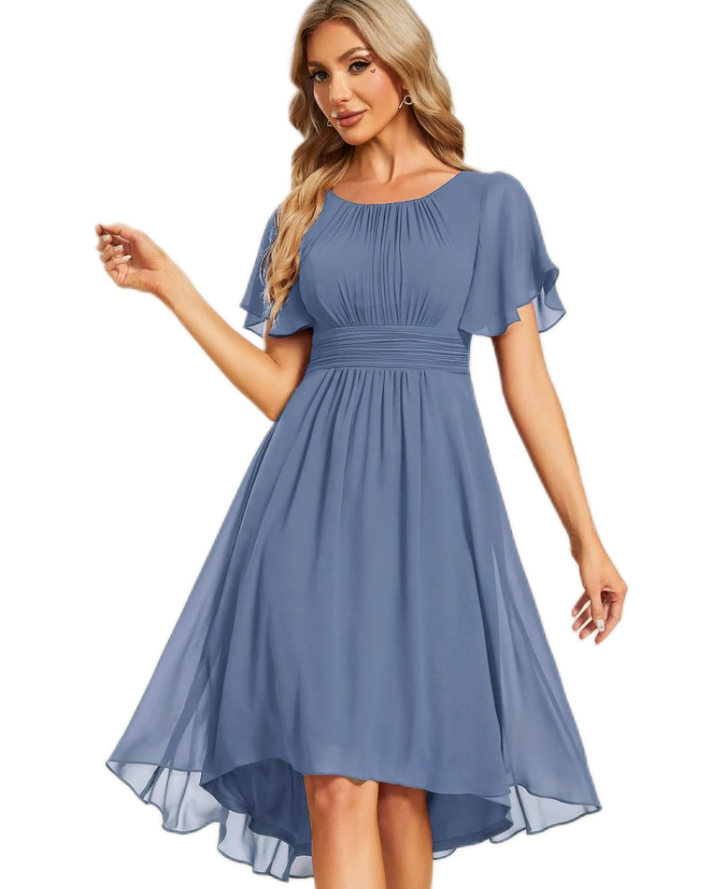Claire Abito Elegante Donna – Vestido Midi de Chifón en línea A con mangas cortas y escote redondo