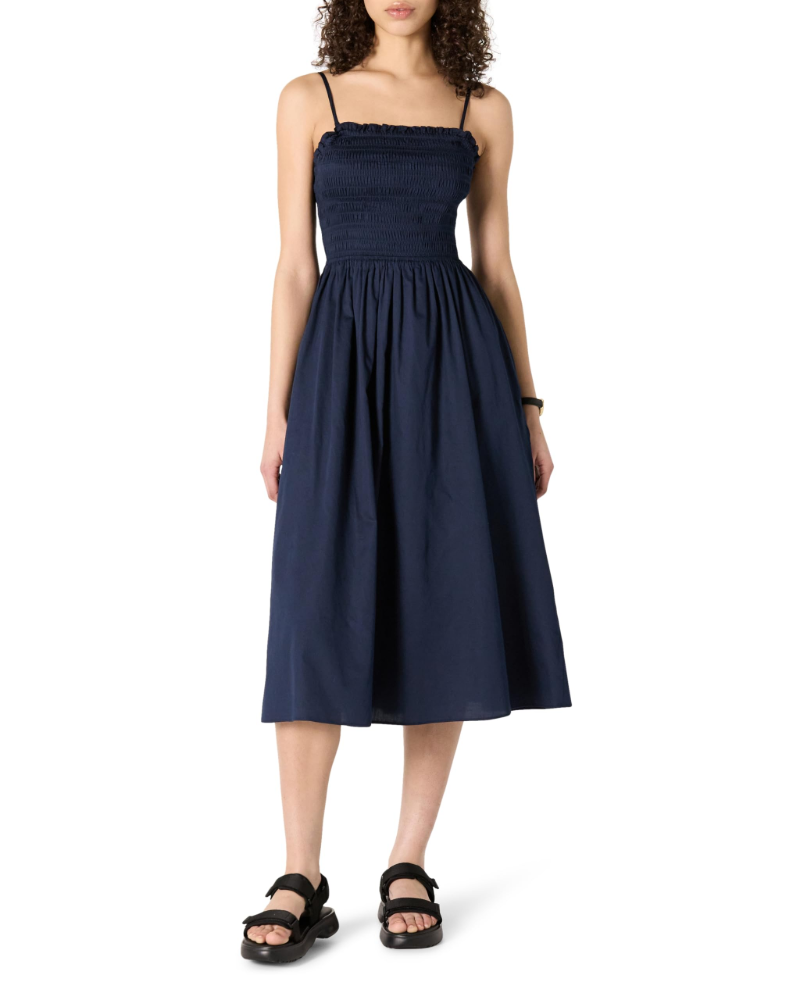 Grace Abito Mujer – Vestido Midi de Algodón Sateen con Cuerpo Fruncido y Tirantes Ajustables