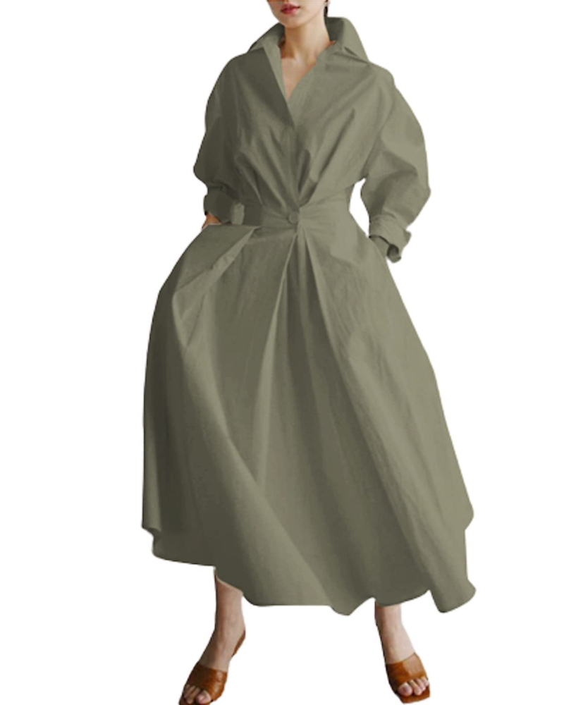 Penelope Robe Femme – Maxi Chemisier avec Boutons, Col, Poches et Taille Élastiquée