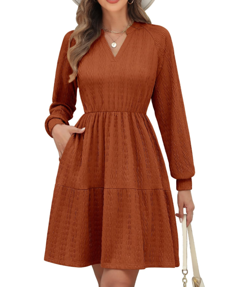 Hazel Vestido de Mujer – Vestido Midi en Línea A con Escote en V, Bolsillos y Cintura Elástica