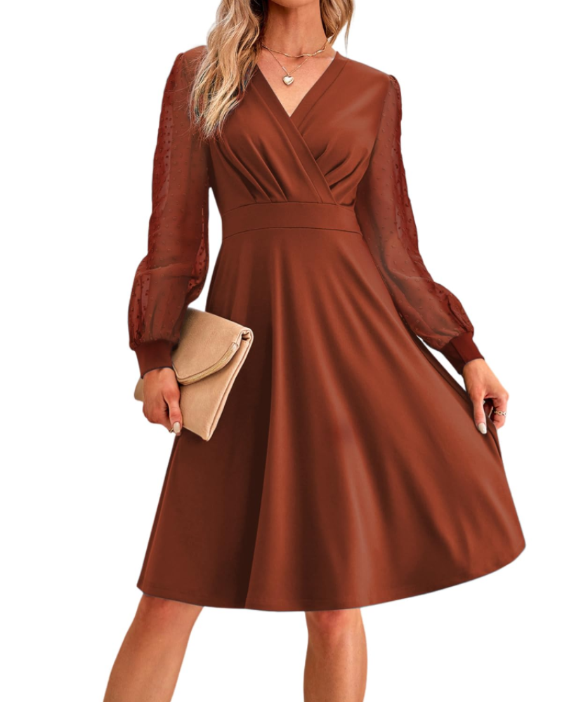 Lily Vestido de Mujer – Vestido Midi con Escote en V, Cintura Elástica y Mangas Largas