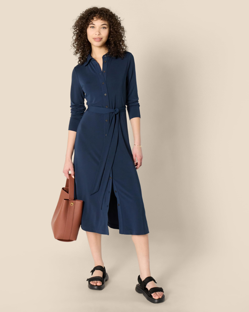 Madison Abito Donna – Vestito Chemisier Midi con Cintura, Maniche Lunghe & Colletto Classico