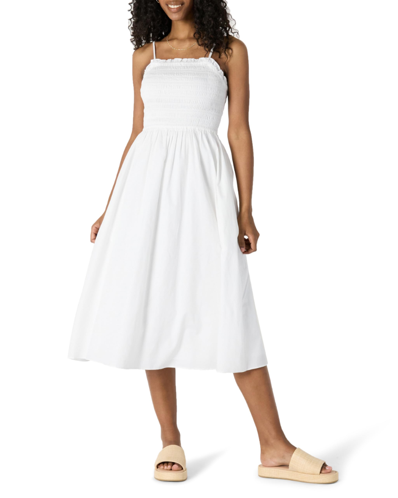 Grace Abito Mujer – Vestido Midi de Algodón Sateen con Cuerpo Fruncido y Tirantes Ajustables
