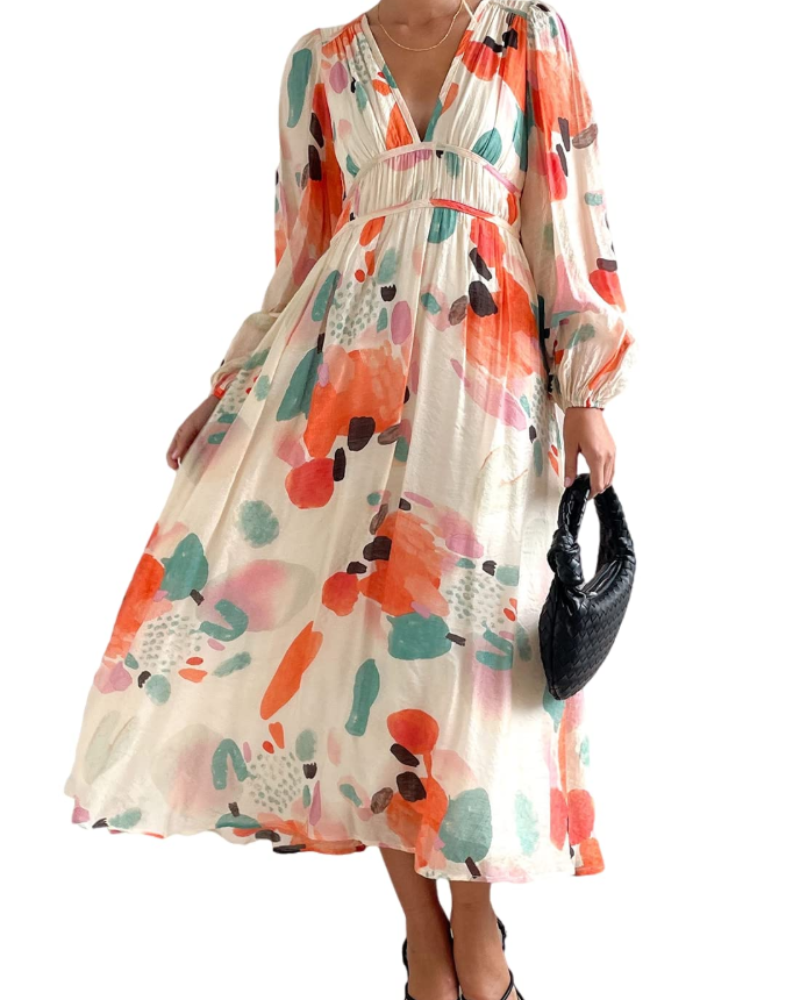 Hannah Abito Mujer – Vestido Maxi Floral con Mangas Largas, Cintura Elástica y Forro