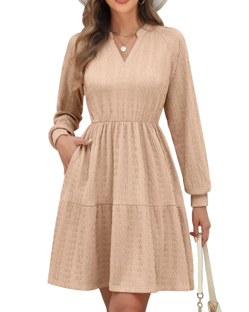 Hazel Vestido de Mujer – Vestido Midi en Línea A con Escote en V, Bolsillos y Cintura Elástica