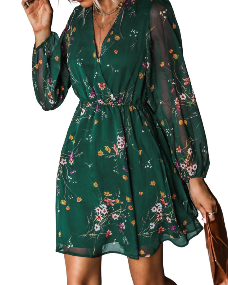 Serena Φόρεμα Γυναικείο Mini – Chiffon, V Λαιμόκοψη, Διαφανή Μανίκια & Ελαστική Μέση