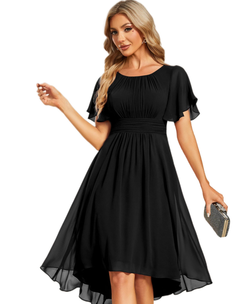 Claire Abito Elegante Donna – Vestido Midi de Chifón en línea A con mangas cortas y escote redondo