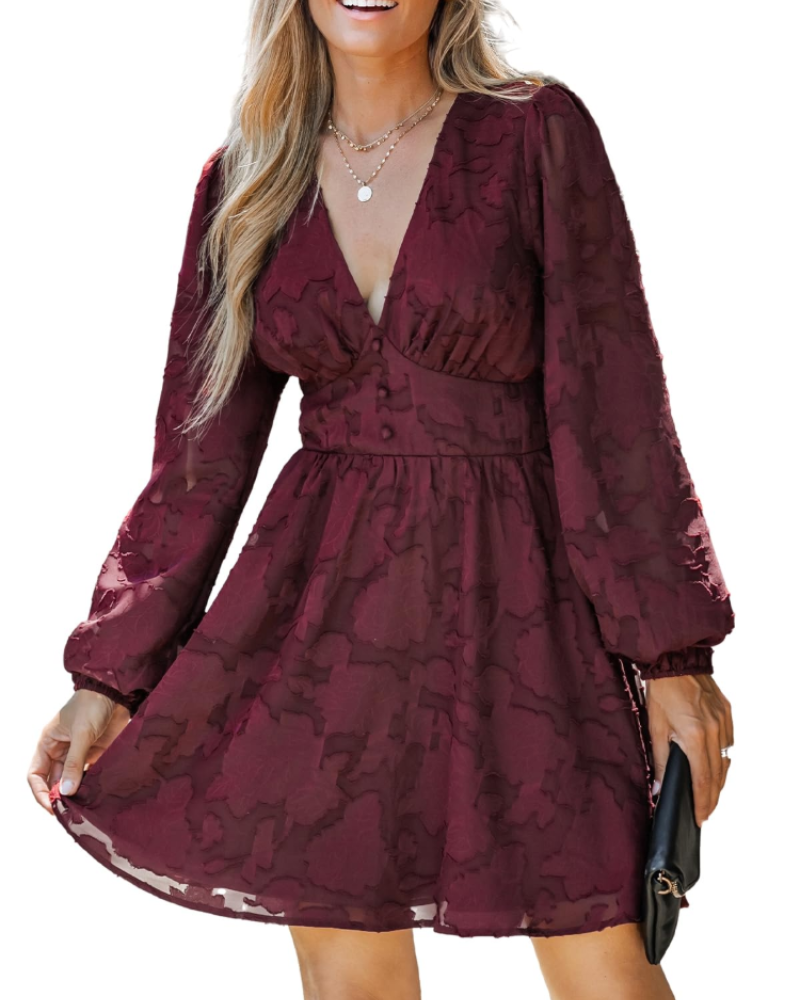 Olivia Abito Femme – Mini Robe Florale avec Col en V, Manches Longues & Coupe A