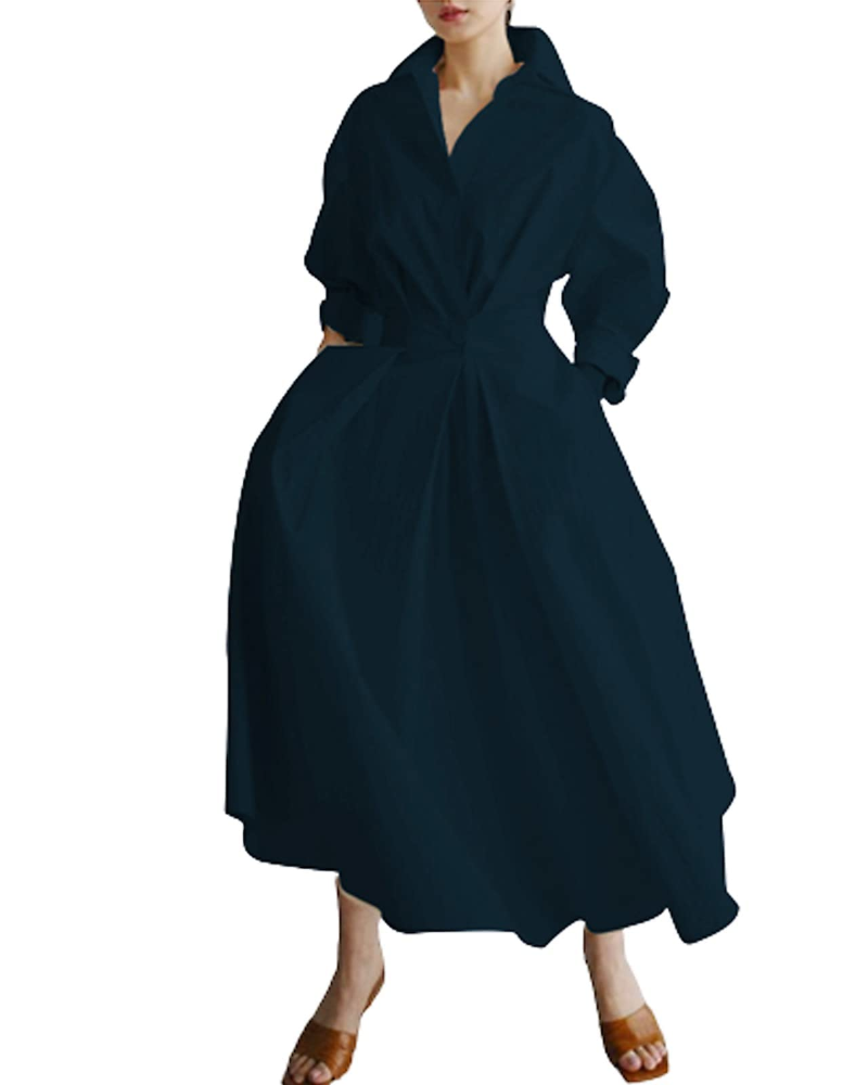 Penelope Robe Femme – Maxi Chemisier avec Boutons, Col, Poches et Taille Élastiquée