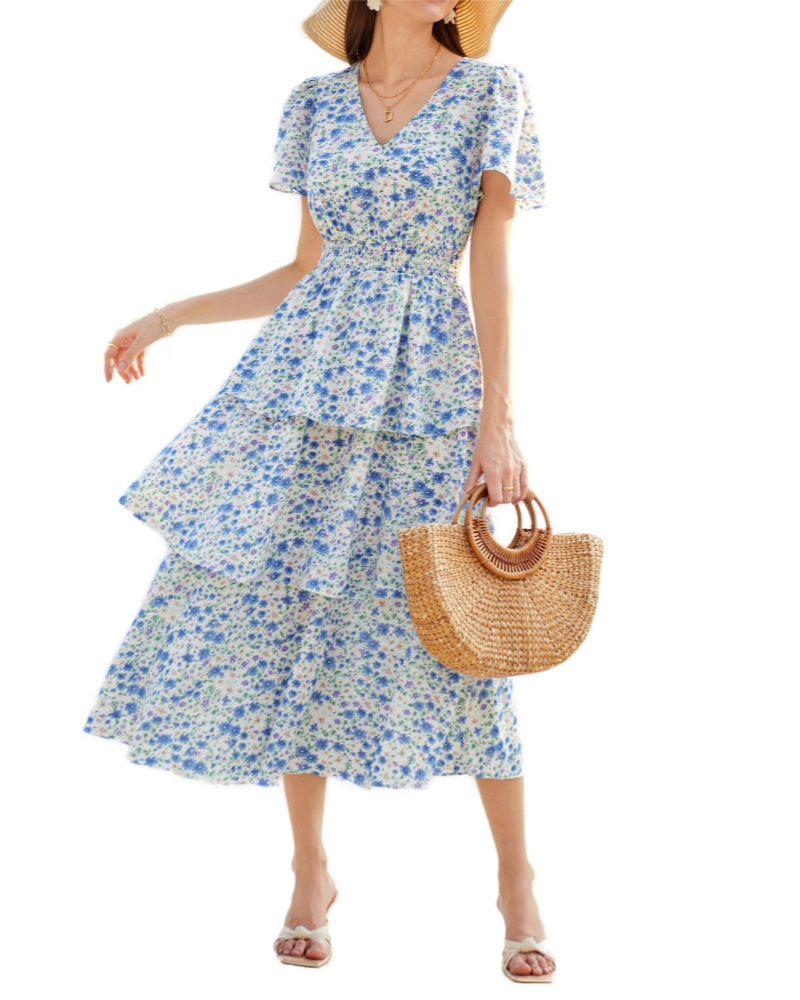 Scarlett Abito Donna – Vestito Floreale A-Line con Scollo a V, Vita Elasticizzata & Maniche Corte
