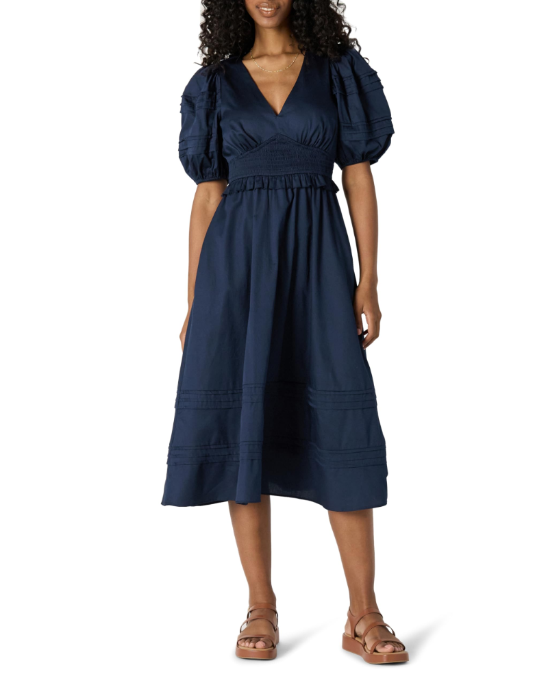 Vestido Charlotte para mujer – Vestido midi de algodón satinado con mangas abullonadas y línea A