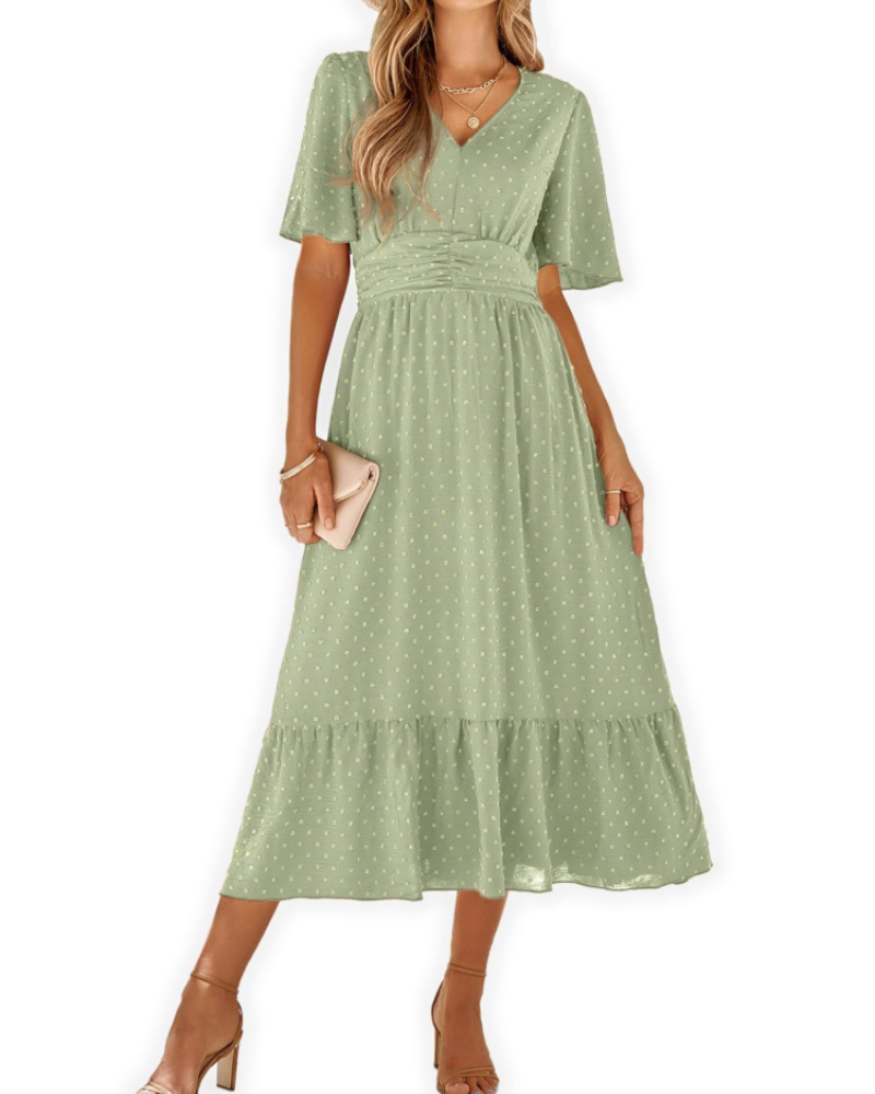 Aubrey Damen Maxikleid – V-Ausschnitt, Volantärmel & Swiss-Dot-Muster