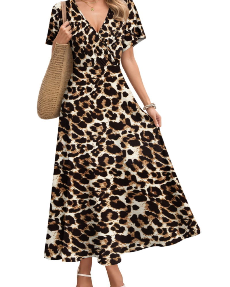 Audrey Women's Dress – Printed Maxi Dress with V-Neck, Short Sleeves & Flowing Silhouette