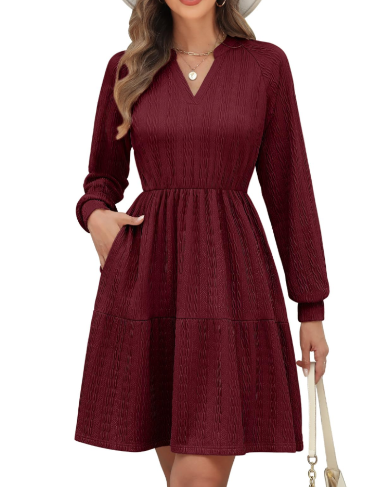 Hazel Vestido de Mujer – Vestido Midi en Línea A con Escote en V, Bolsillos y Cintura Elástica