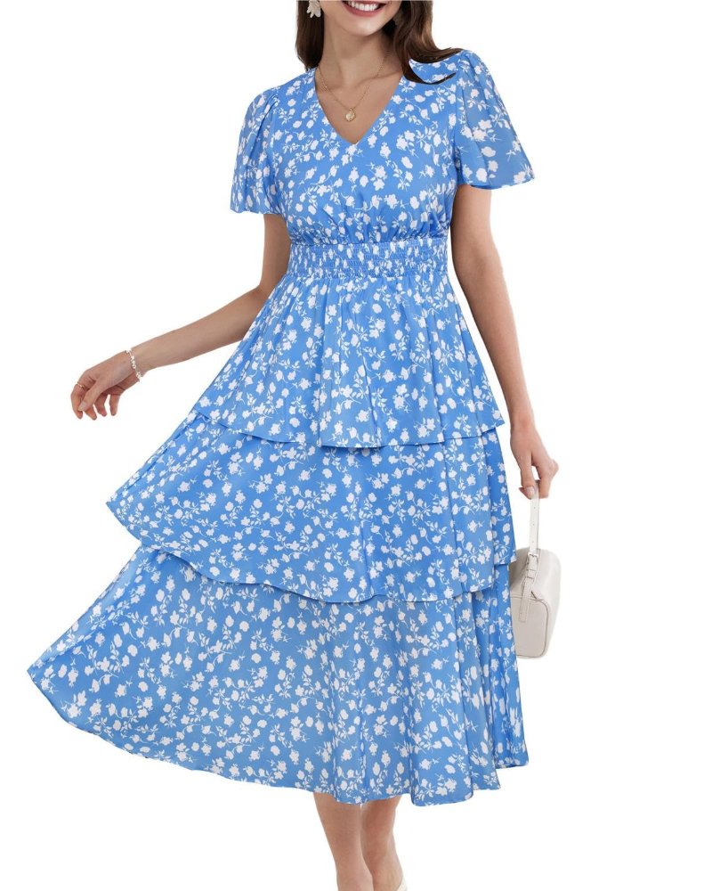 Scarlett Abito Donna – Vestito Floreale A-Line con Scollo a V, Vita Elasticizzata & Maniche Corte