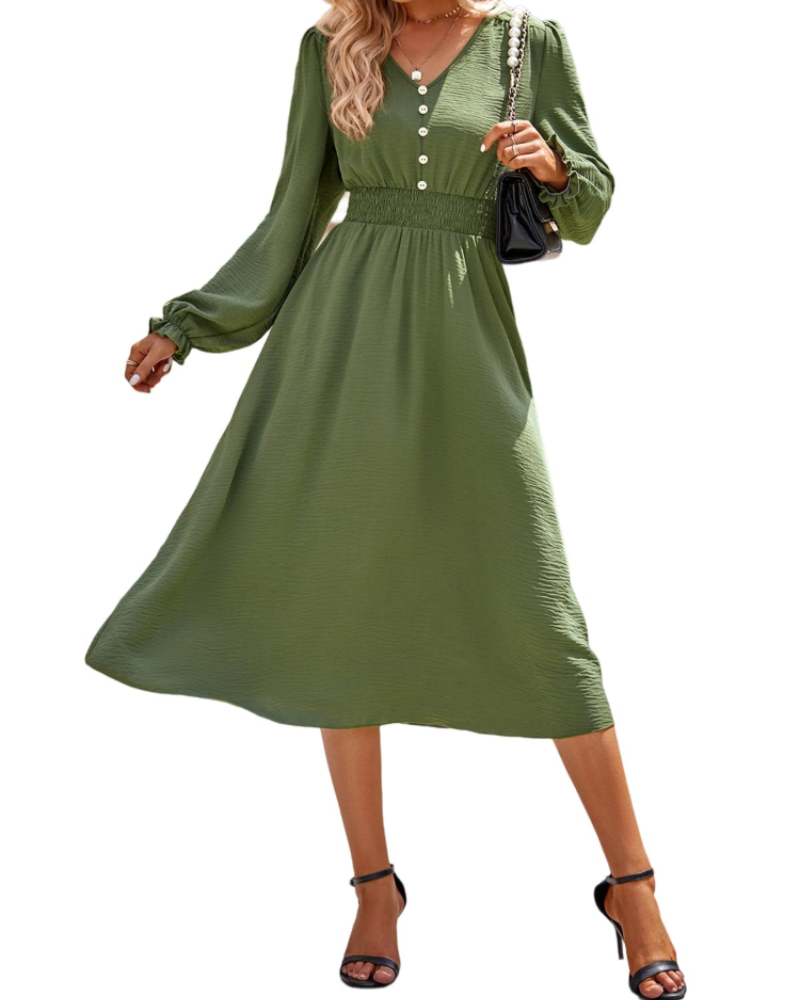 Lily Vestido de Mujer – Vestido Midi con Escote en V, Cintura Elástica y Mangas Largas