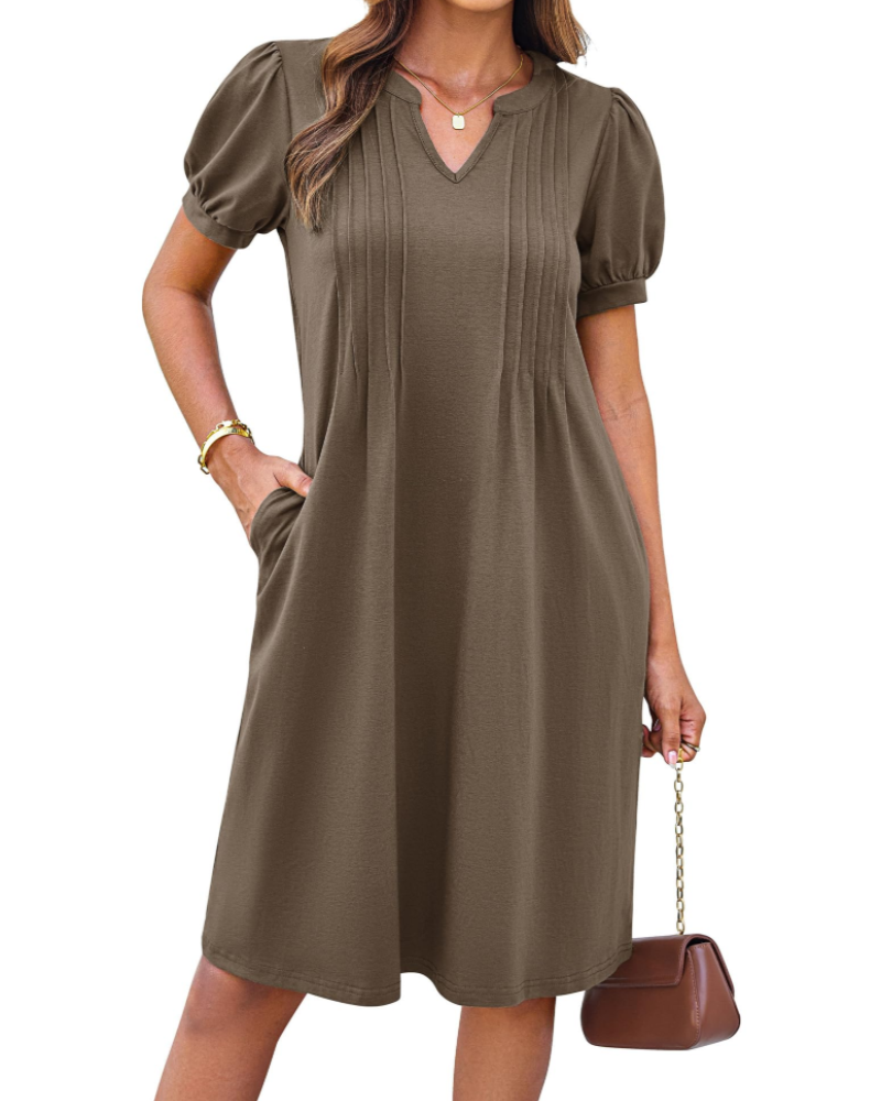 Sophia Abito Donna – Vestito Midi A-Line con Scollo Henley, Tasche & Maniche Corte
