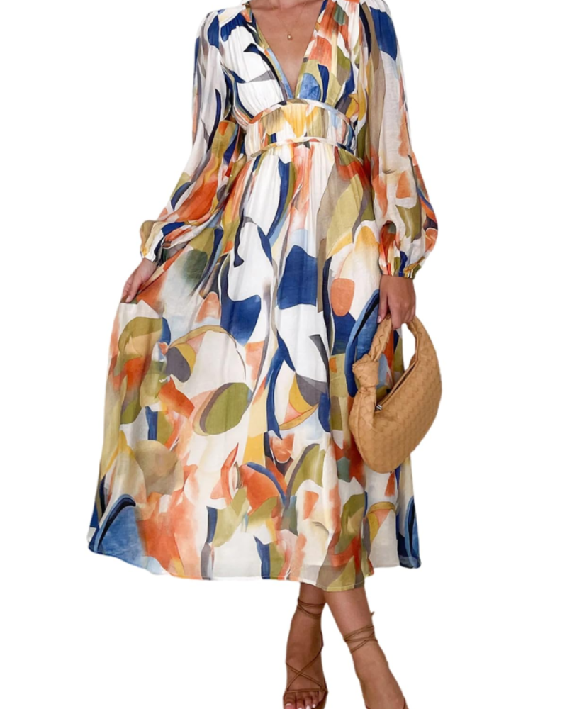 Hannah Abito Mujer – Vestido Maxi Floral con Mangas Largas, Cintura Elástica y Forro
