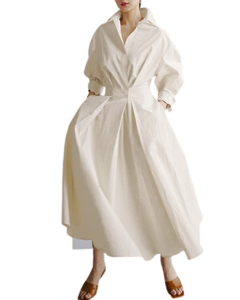 Penelope Robe Femme – Maxi Chemisier avec Boutons, Col, Poches et Taille Élastiquée
