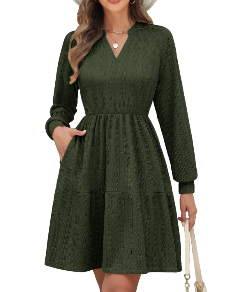 Hazel Women's Dress – Midi A-Line Dress with V-Neck, Pockets & Elastic Waist
