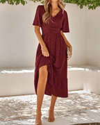 Robe longue pour femme Aubrey – Col en V, manches volantées et imprimé Swiss Dot