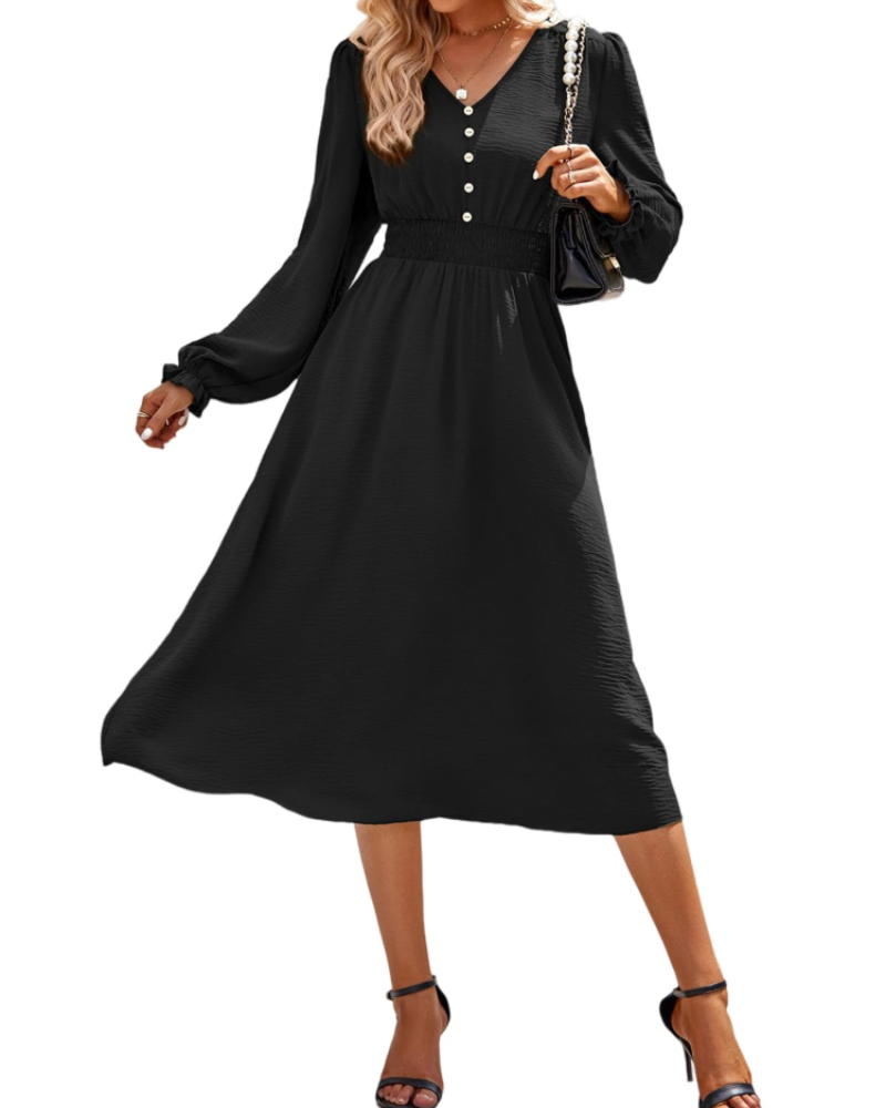 Lily Women's Dress – Midi Dress with V-Neck, Elastic Waist & Long Sleeves