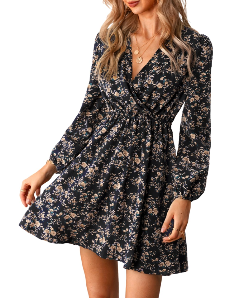 Megan Abito Donna – Mini Dress Floreale con Scollo Incrociato, Vita Elasticizzata & Maniche Lunghe