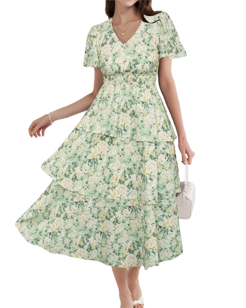 Scarlett Abito Donna – Vestito Floreale A-Line con Scollo a V, Vita Elasticizzata & Maniche Corte