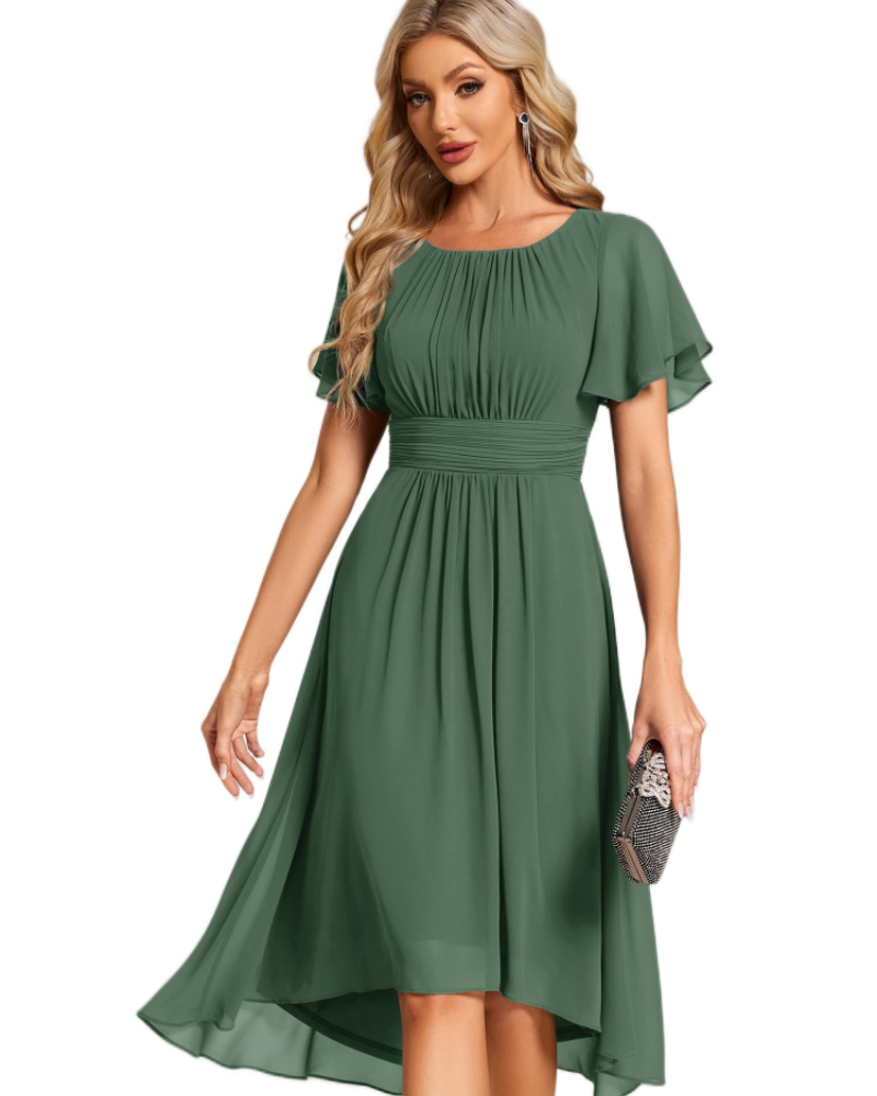 Claire Abito Elegante Donna – Vestido Midi de Chifón en línea A con mangas cortas y escote redondo