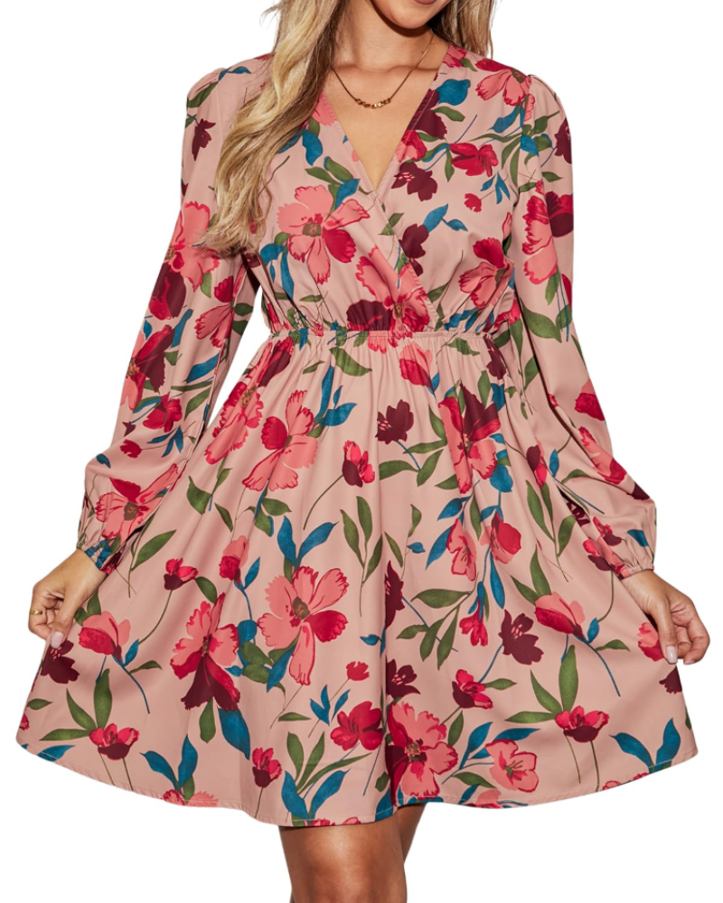 Megan Abito Donna – Mini Dress Floreale con Scollo Incrociato, Vita Elasticizzata & Maniche Lunghe