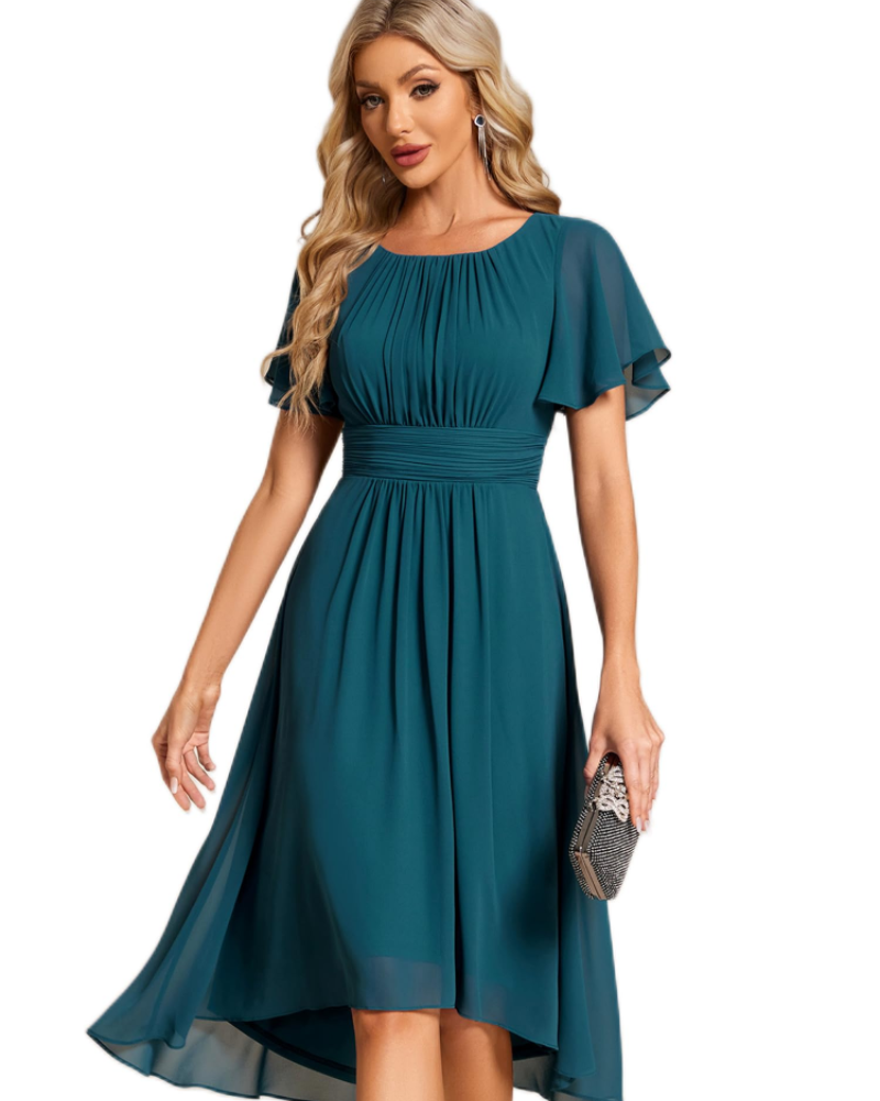 Claire Abito Elegante Donna – Vestido Midi de Chifón en línea A con mangas cortas y escote redondo