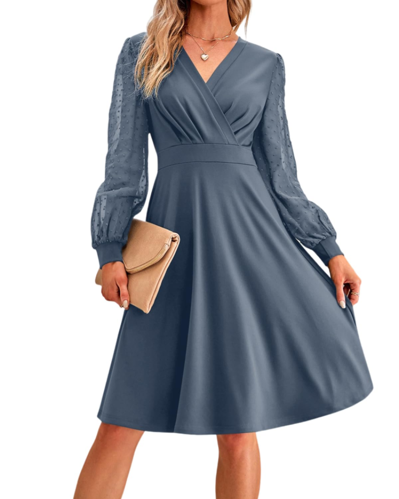 Lily Vestido de Mujer – Vestido Midi con Escote en V, Cintura Elástica y Mangas Largas