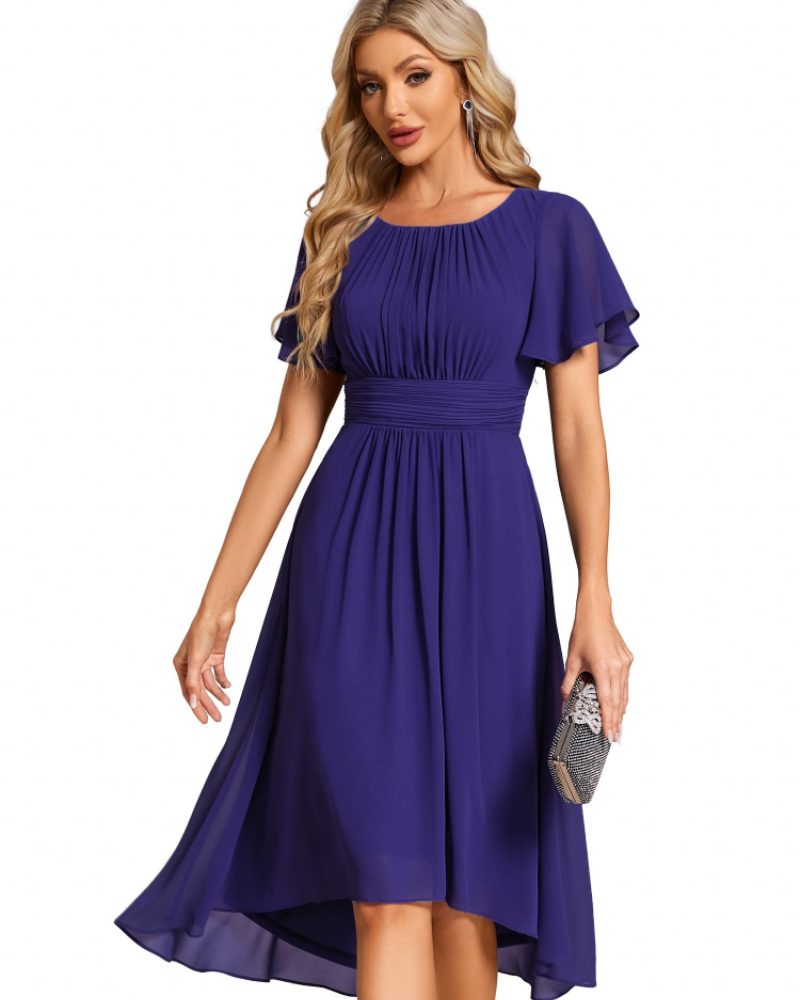 Claire Abito Elegante Donna – Vestido Midi de Chifón en línea A con mangas cortas y escote redondo