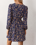 Megan Abito Donna – Mini Dress Floreale con Scollo Incrociato, Vita Elasticizzata & Maniche Lunghe