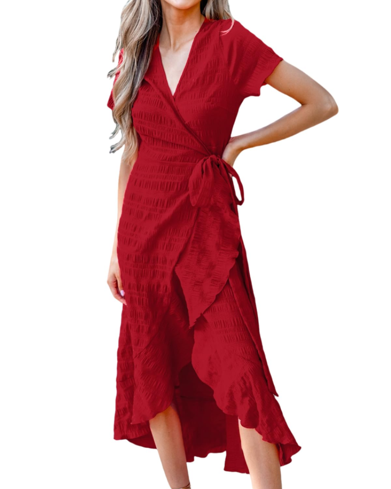 Vestido largo floral verde para mujer Isabella con cruzado, mangas acampanadas y cinturón